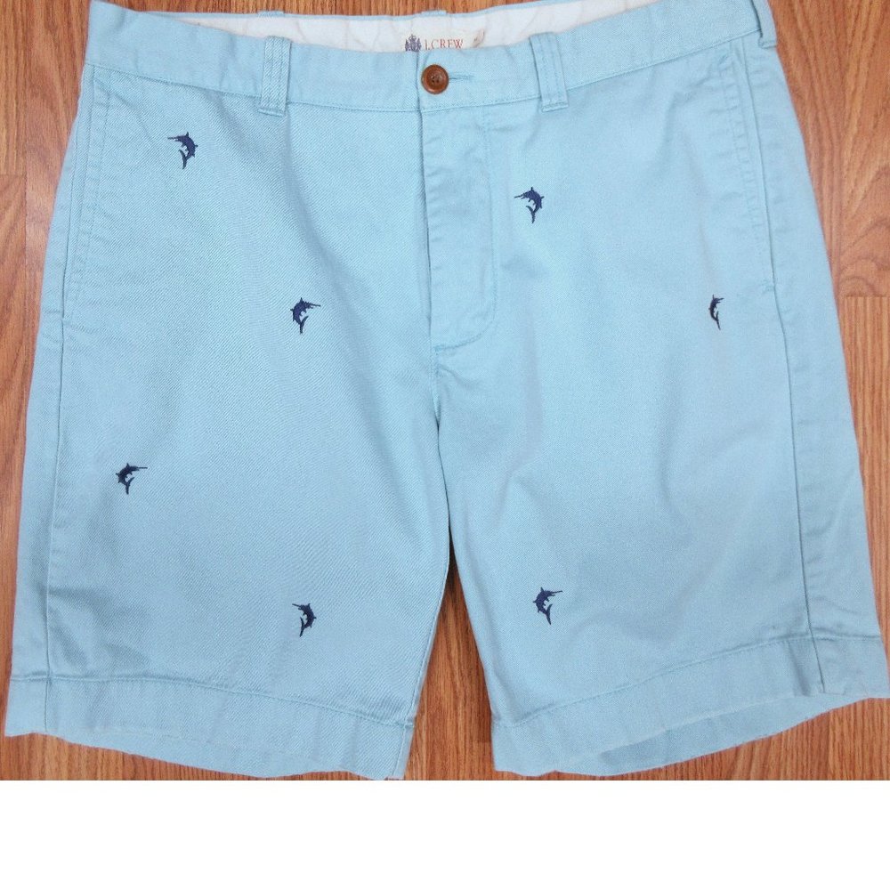 J.CREW MARLIN PRINT REGULAR FIT SHORTS 100% COTTON LIGHT BLUE Sz 34